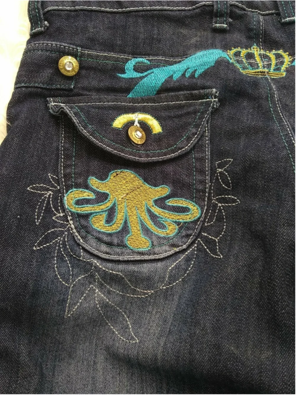 OLD SKOOL Womens Juniors Denim Jeans SIZE 15 Embellished Teal & Gray Stitching - Picture 1 of 12